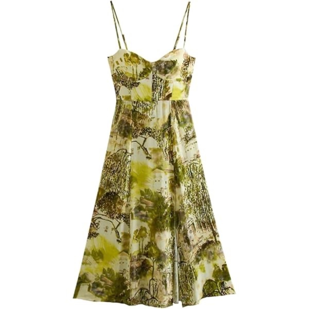 Zara Green and Cream Patterned Midi Dress